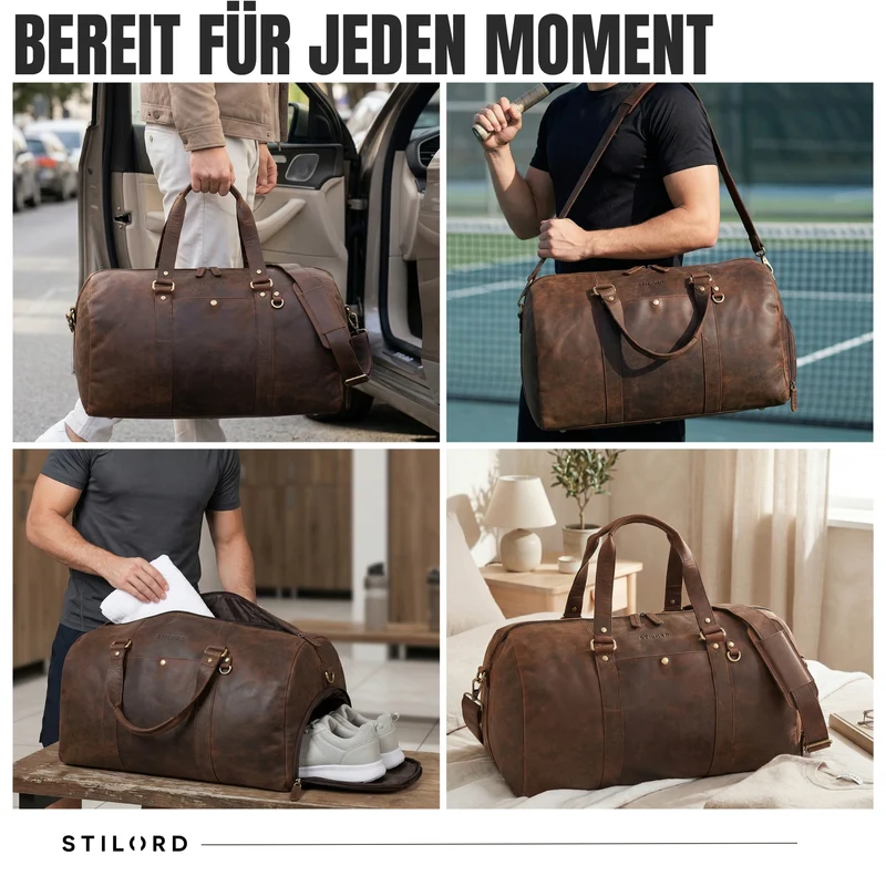 "Ventura" Robuste Leder Reisetasche Groß Herren Weekender mit Schuhfach 40L