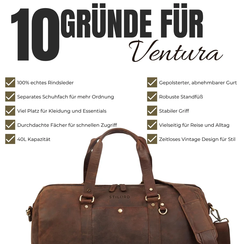"Ventura" Robuste Leder Reisetasche Groß Herren Weekender mit Schuhfach 40L