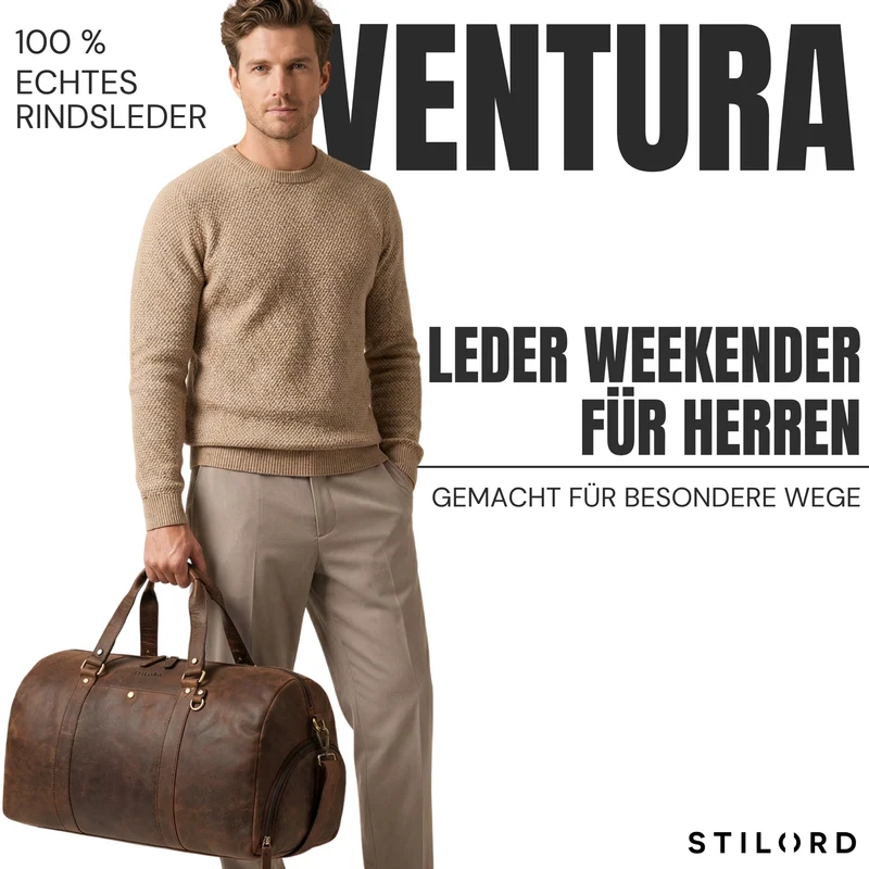 "Ventura" Robuste Leder Reisetasche Groß Herren Weekender mit Schuhfach 40L