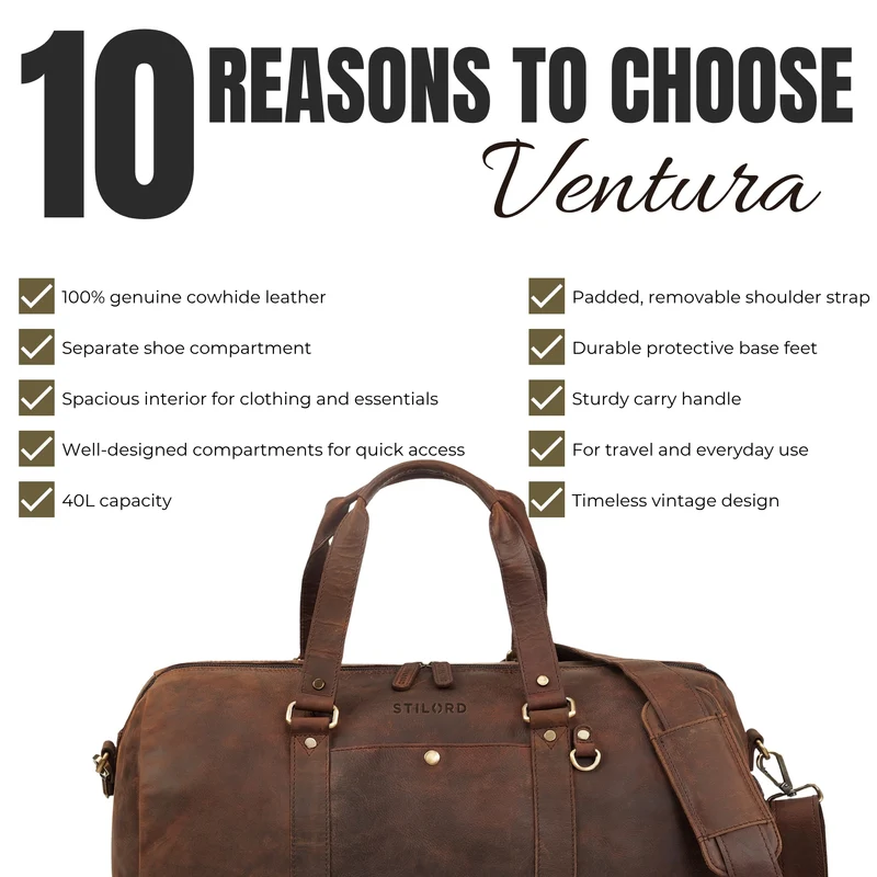 "Ventura" Robuste Leder Reisetasche Groß Herren Weekender mit Schuhfach 40L