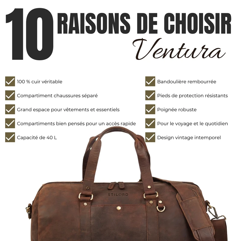 "Ventura" Robuste Leder Reisetasche Groß Herren Weekender mit Schuhfach 40L