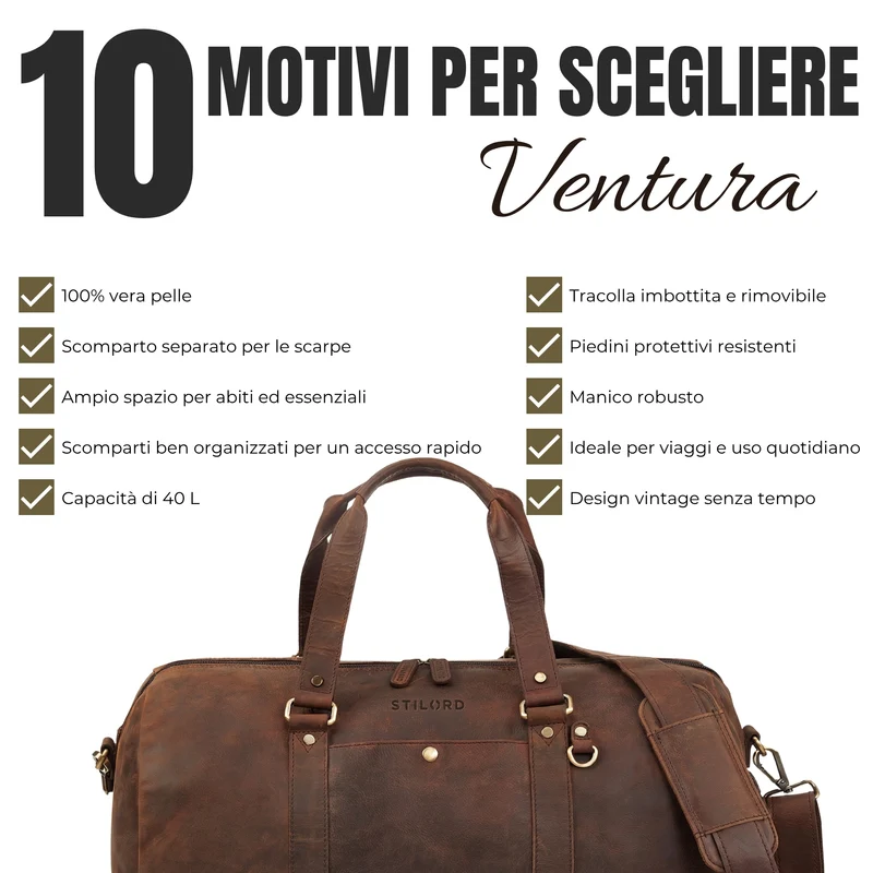 "Ventura" Robuste Leder Reisetasche Groß Herren Weekender mit Schuhfach 40L