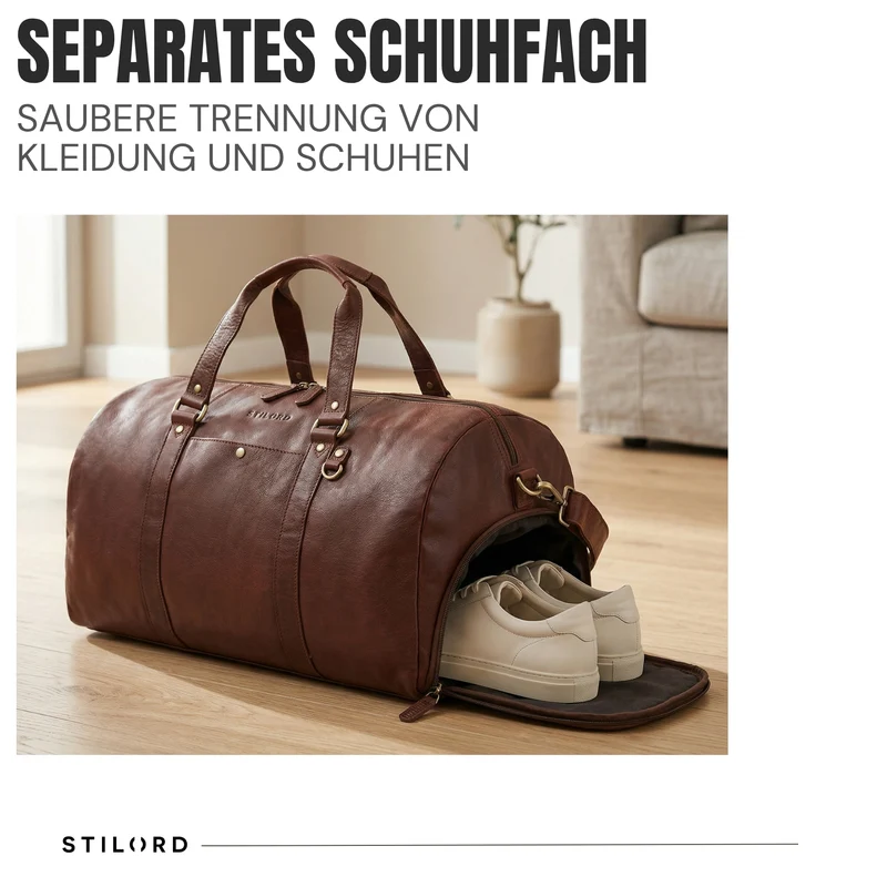 "Ventura" Robuste Leder Reisetasche Groß Herren Weekender mit Schuhfach 40L