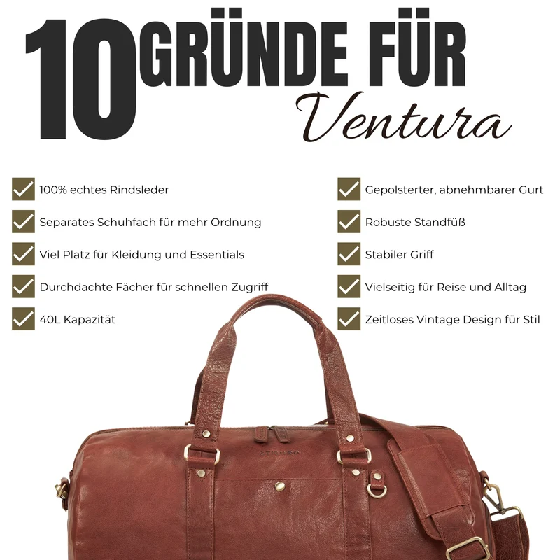 "Ventura" Robuste Leder Reisetasche Groß Herren Weekender mit Schuhfach 40L