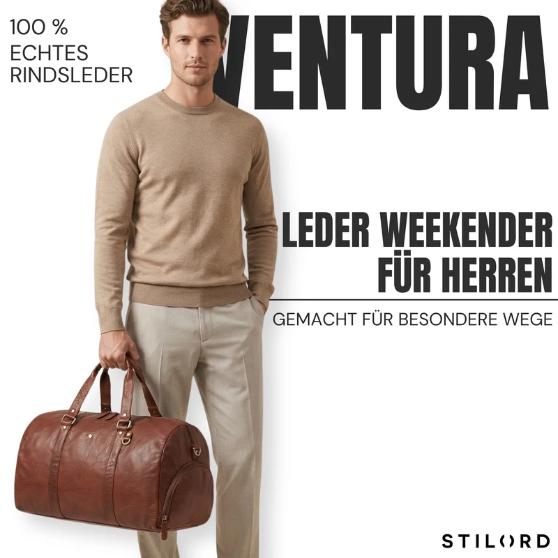 "Ventura" Robuste Leder Reisetasche Groß Herren Weekender mit Schuhfach 40L