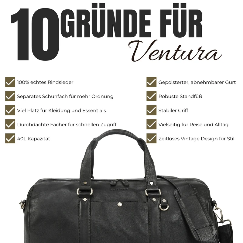 "Ventura" Robuste Leder Reisetasche Groß Herren Weekender mit Schuhfach 40L