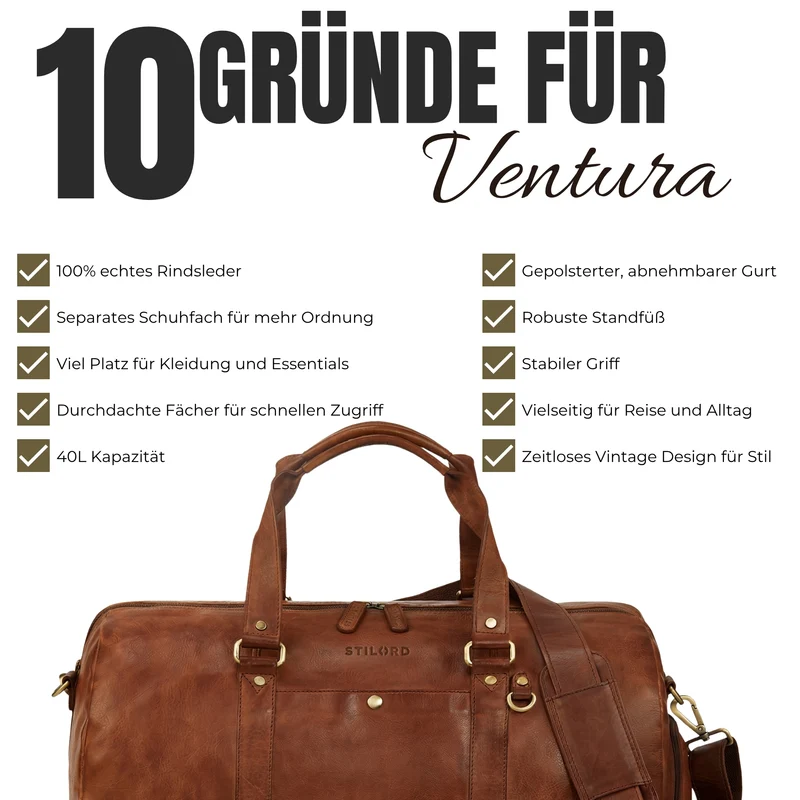 "Ventura" Robuste Leder Reisetasche Groß Herren Weekender mit Schuhfach 40L