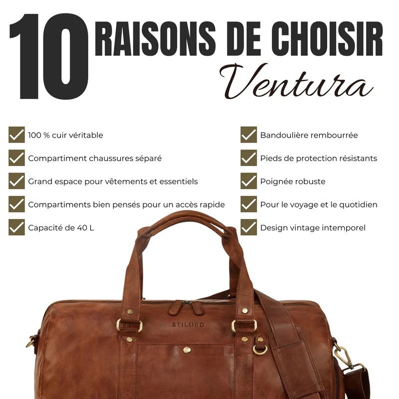 "Ventura" Robuste Leder Reisetasche Groß Herren Weekender mit Schuhfach 40L