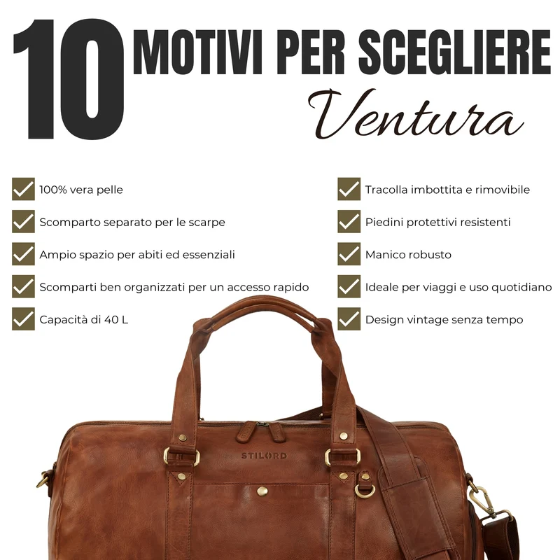 "Ventura" Robuste Leder Reisetasche Groß Herren Weekender mit Schuhfach 40L
