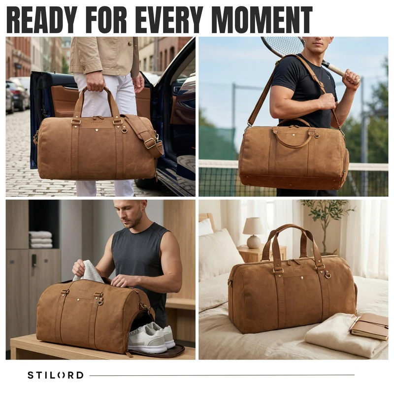 "Ventura" Robuste Leder Reisetasche Groß Herren Weekender mit Schuhfach 40L