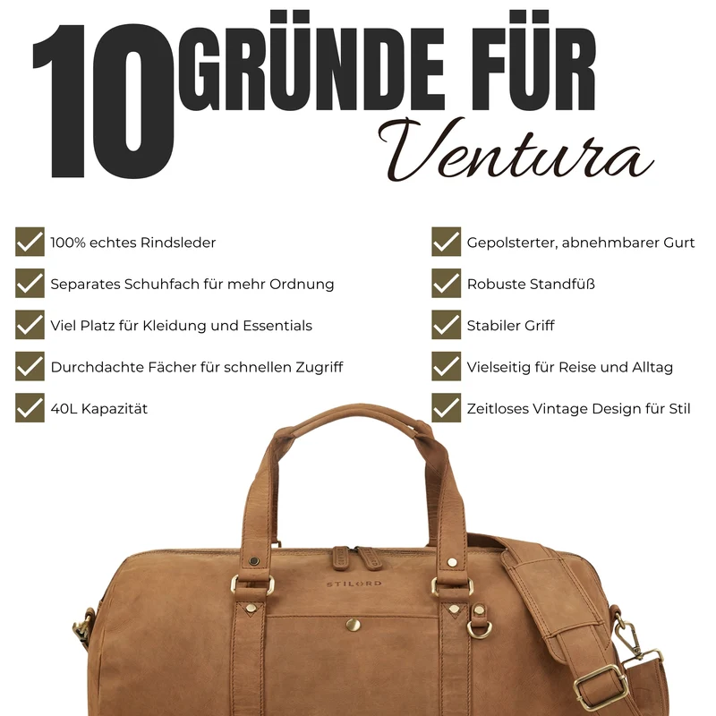 "Ventura" Robuste Leder Reisetasche Groß Herren Weekender mit Schuhfach 40L