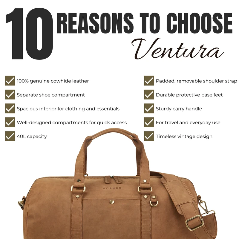 "Ventura" Robuste Leder Reisetasche Groß Herren Weekender mit Schuhfach 40L