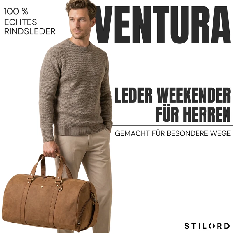 "Ventura" Robuste Leder Reisetasche Groß Herren Weekender mit Schuhfach 40L