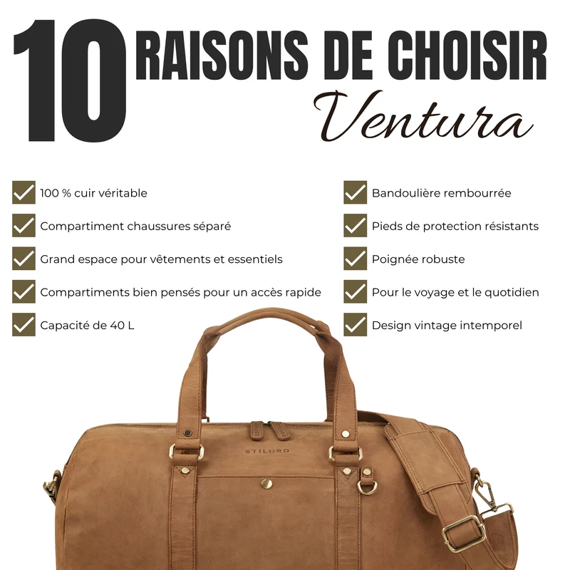"Ventura" Robuste Leder Reisetasche Groß Herren Weekender mit Schuhfach 40L