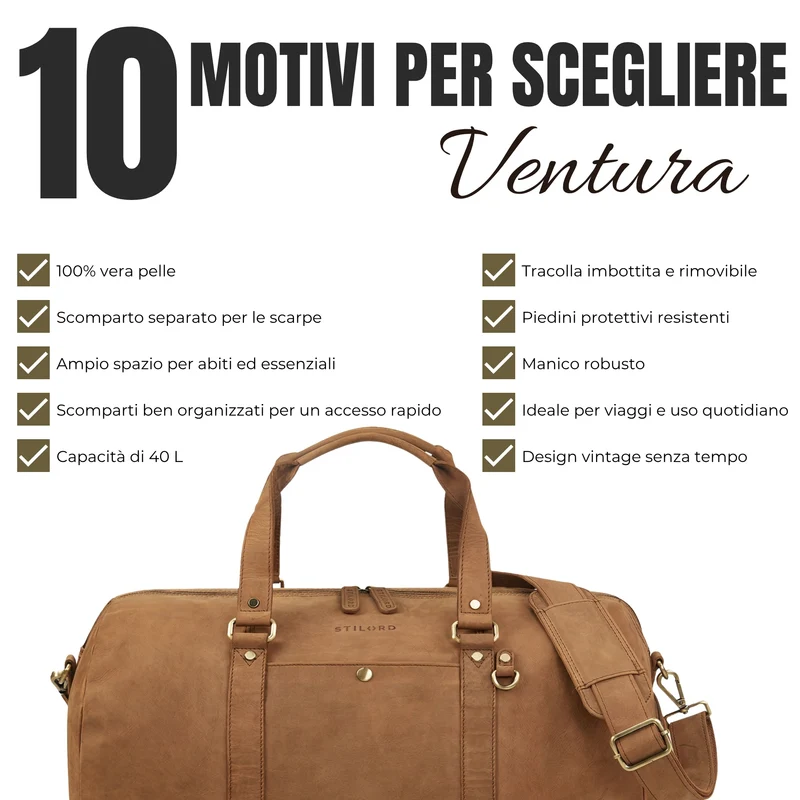 "Ventura" Robuste Leder Reisetasche Groß Herren Weekender mit Schuhfach 40L
