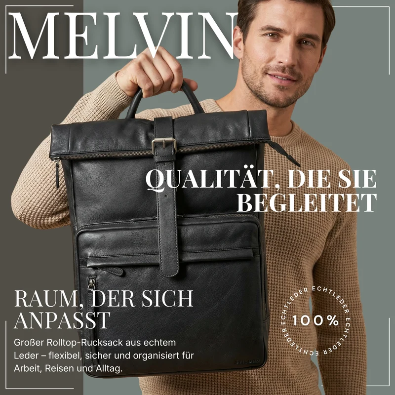 "Melvin" Echtleder Rolltop Rucksack Herren Laptop 16 - 17 Zoll