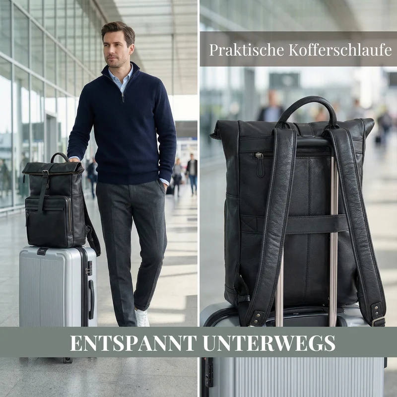 "Melvin" Echtleder Rolltop Rucksack Herren Laptop 16 - 17 Zoll