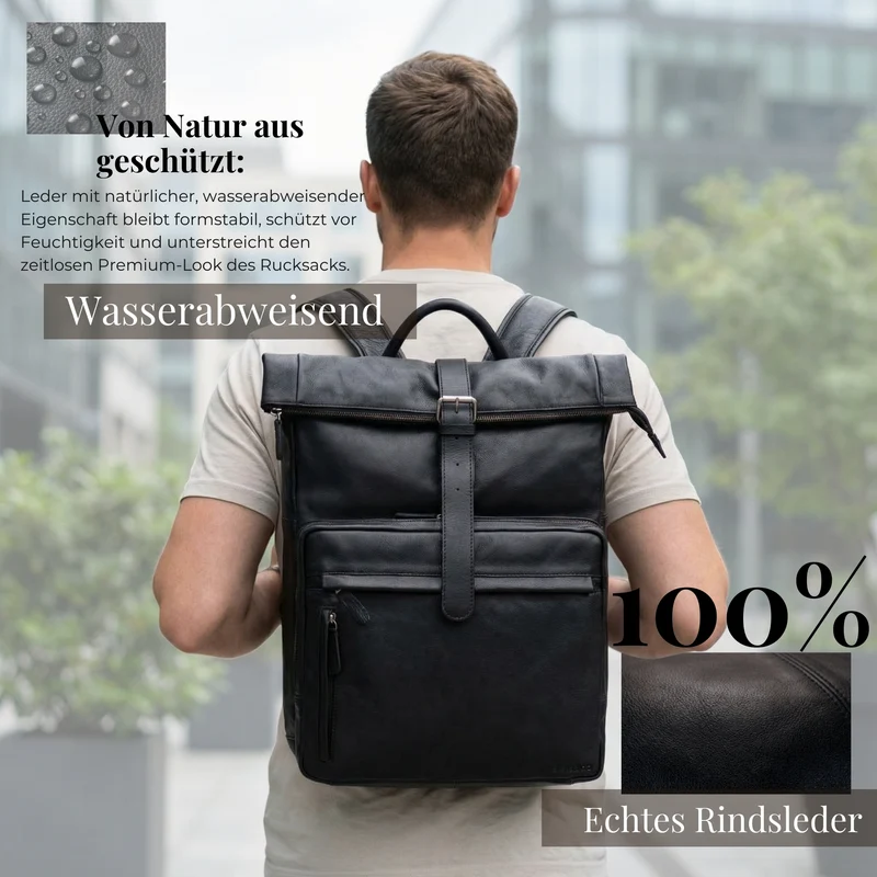 "Melvin" Echtleder Rolltop Rucksack Herren Laptop 16 - 17 Zoll