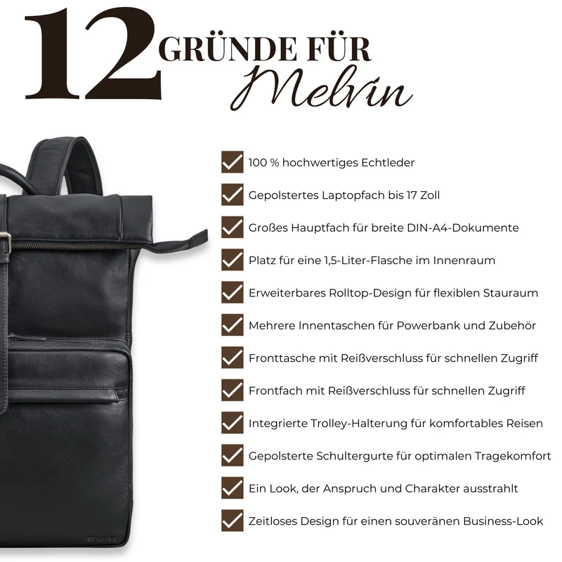 "Melvin" Echtleder Rolltop Rucksack Herren Laptop 16 - 17 Zoll