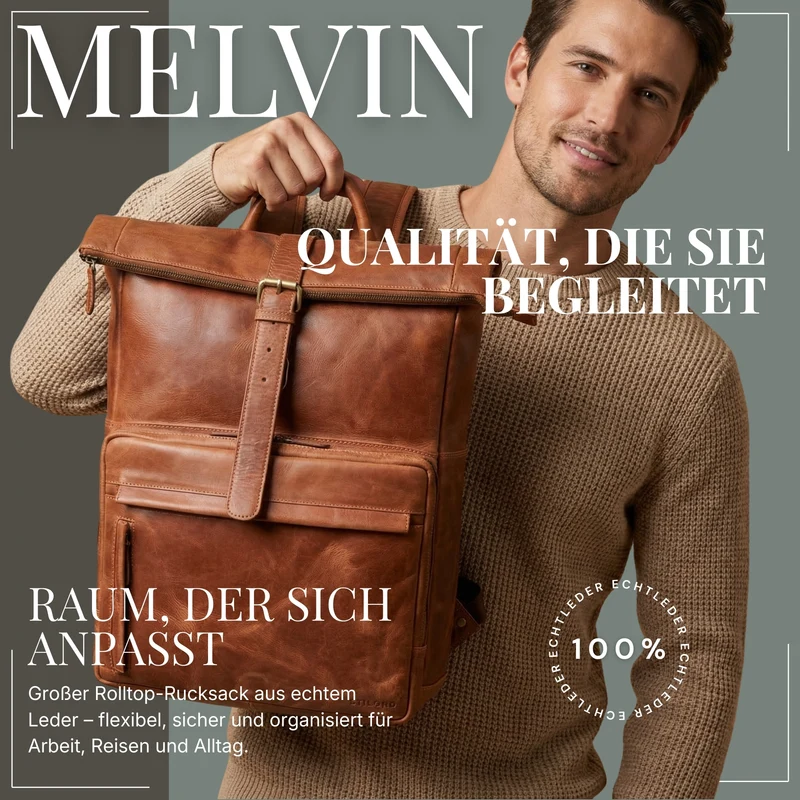 "Melvin" Echtleder Rolltop Rucksack Herren Laptop 16 - 17 Zoll