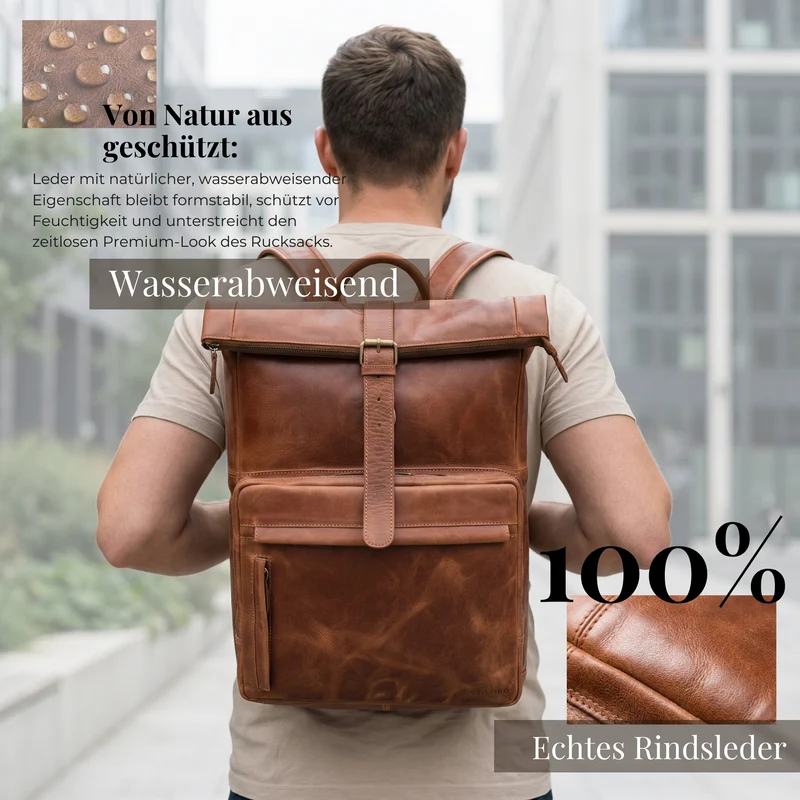 "Melvin" Echtleder Rolltop Rucksack Herren Laptop 16 - 17 Zoll