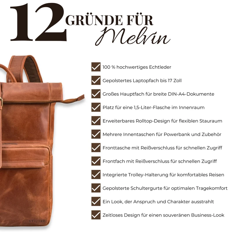 "Melvin" Echtleder Rolltop Rucksack Herren Laptop 16 - 17 Zoll