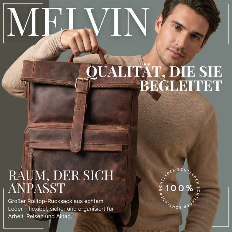 "Melvin" Echtleder Rolltop Rucksack Herren Laptop 16 - 17 Zoll