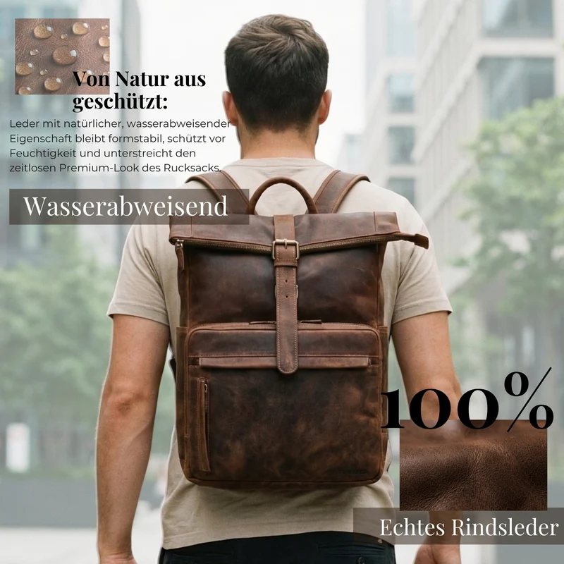 "Melvin" Echtleder Rolltop Rucksack Herren Laptop 16 - 17 Zoll