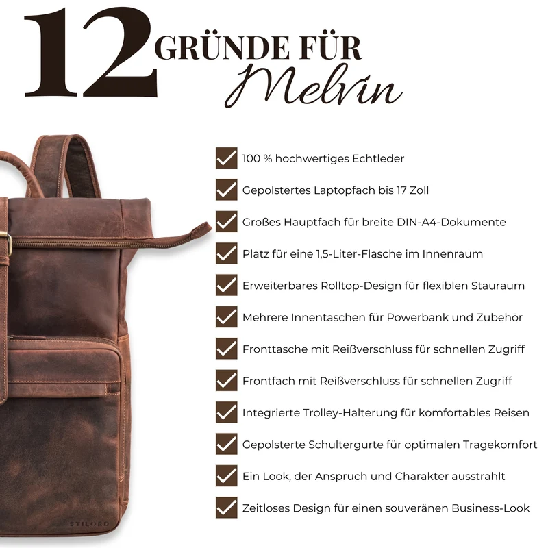 "Melvin" Echtleder Rolltop Rucksack Herren Laptop 16 - 17 Zoll