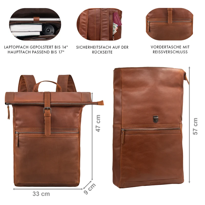 "Tacoma" Leder Rolltop Rucksack Damen Herren für 17 Zoll Laptop