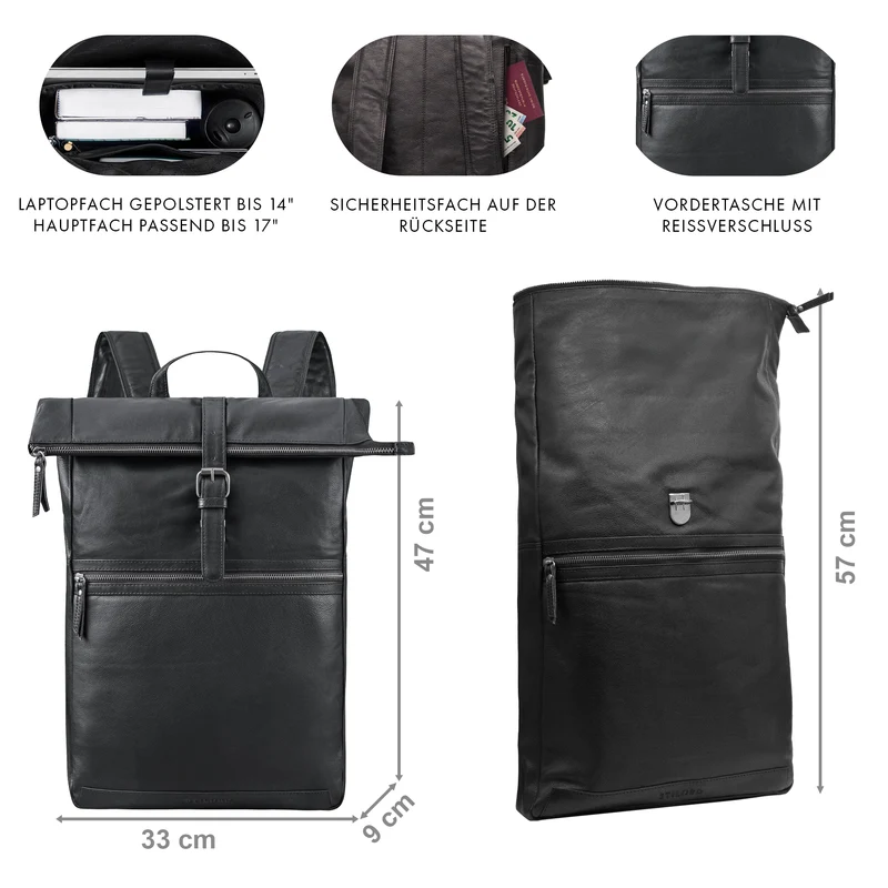 "Tacoma" Leder Rolltop Rucksack Damen Herren für 17 Zoll Laptop