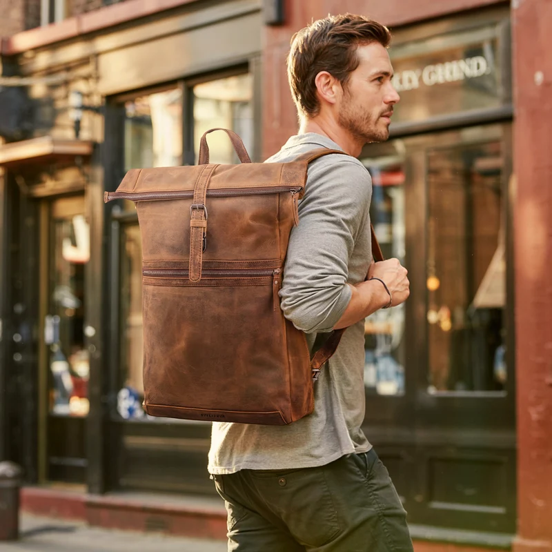 "Tacoma" Leder Rolltop Rucksack Damen Herren für 17 Zoll Laptop