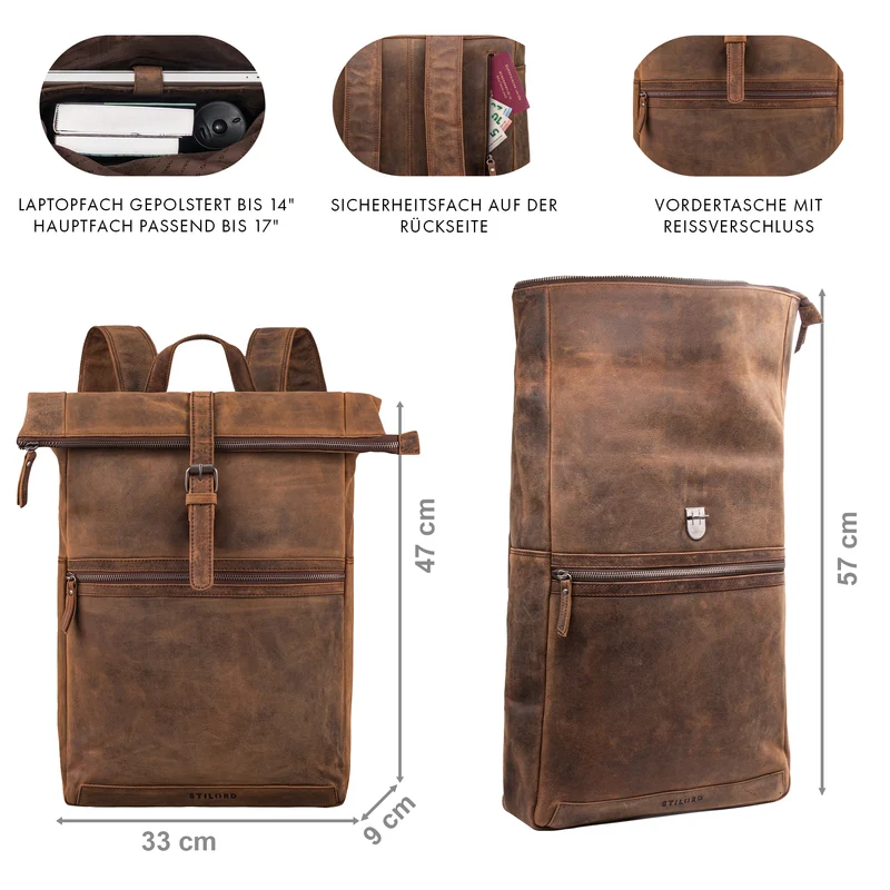 "Tacoma" Leder Rolltop Rucksack Damen Herren für 17 Zoll Laptop