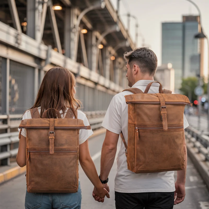 "Tacoma" Leder Rolltop Rucksack Damen Herren für 17 Zoll Laptop