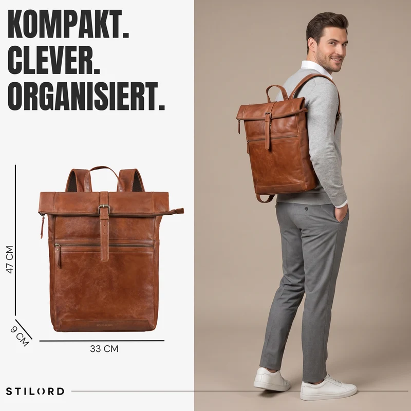 "Tacoma" Leder Rolltop Rucksack Damen Herren für 17 Zoll Laptop