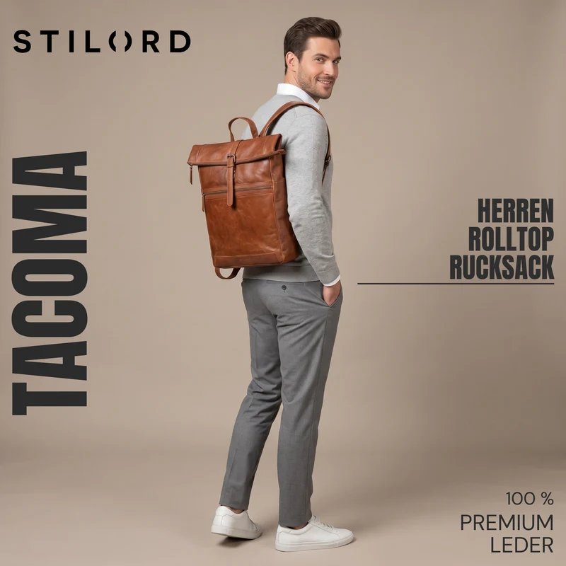 "Tacoma" Leder Rolltop Rucksack Damen Herren für 17 Zoll Laptop