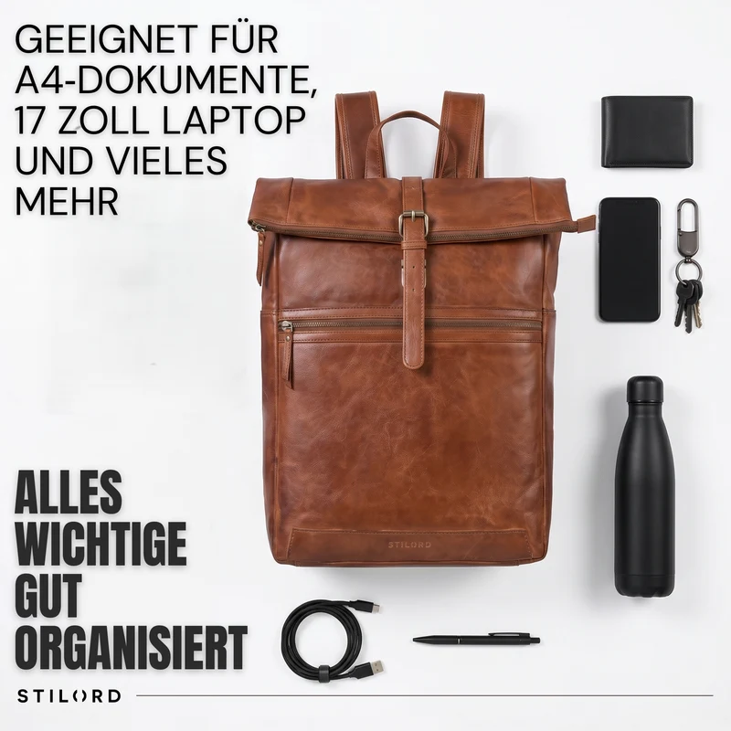 "Tacoma" Leder Rolltop Rucksack Damen Herren für 17 Zoll Laptop