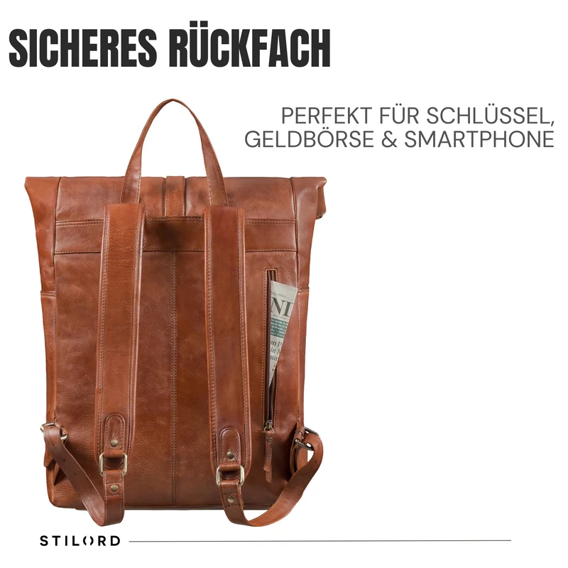 "Tacoma" Leder Rolltop Rucksack Damen Herren für 17 Zoll Laptop