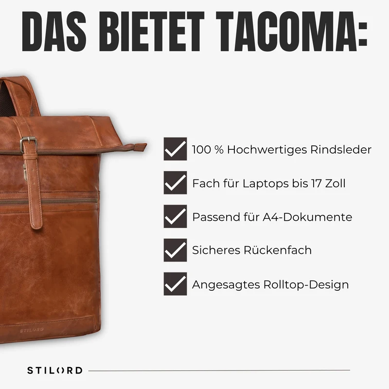"Tacoma" Leder Rolltop Rucksack Damen Herren für 17 Zoll Laptop