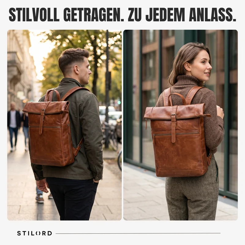 "Tacoma" Leder Rolltop Rucksack Damen Herren für 17 Zoll Laptop