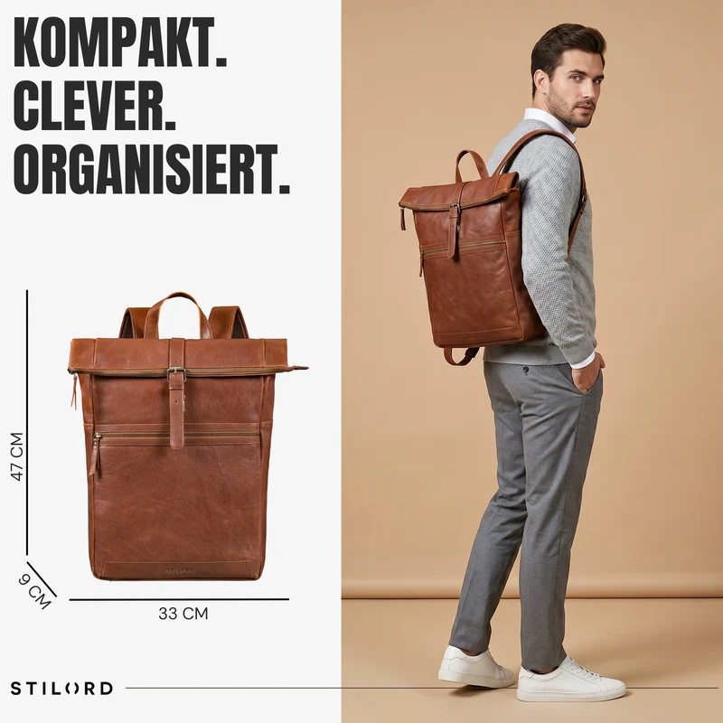 "Tacoma" Leder Rolltop Rucksack Damen Herren für 17 Zoll Laptop