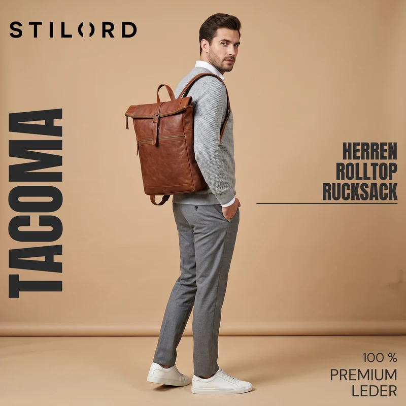 "Tacoma" Leder Rolltop Rucksack Damen Herren für 17 Zoll Laptop