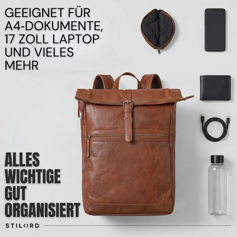 "Tacoma" Leder Rolltop Rucksack Damen Herren für 17 Zoll Laptop