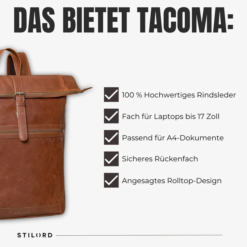 "Tacoma" Leder Rolltop Rucksack Damen Herren für 17 Zoll Laptop