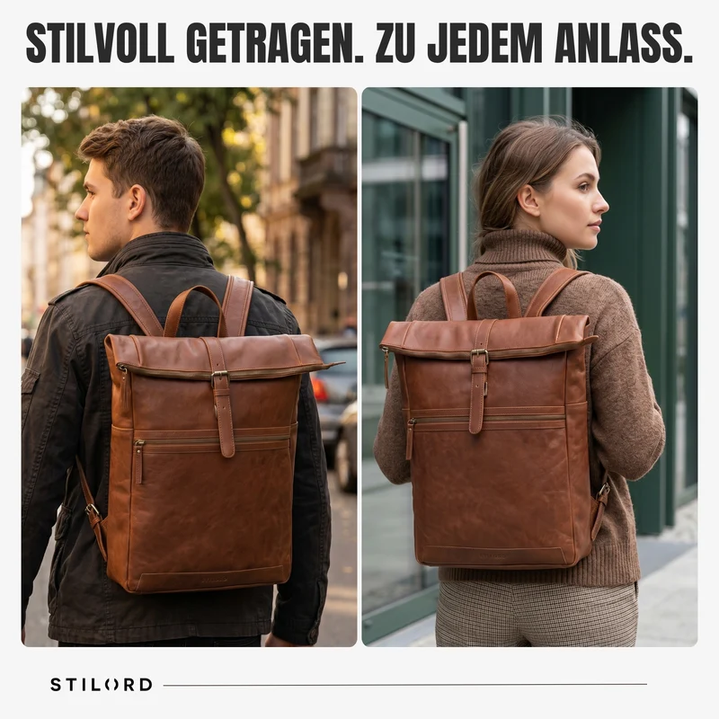 "Tacoma" Leder Rolltop Rucksack Damen Herren für 17 Zoll Laptop