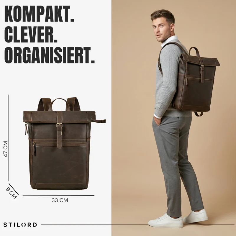 "Tacoma" Leder Rolltop Rucksack Damen Herren für 17 Zoll Laptop