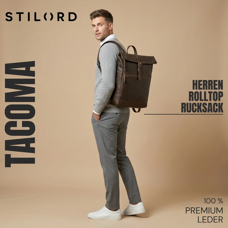 "Tacoma" Leder Rolltop Rucksack Damen Herren für 17 Zoll Laptop