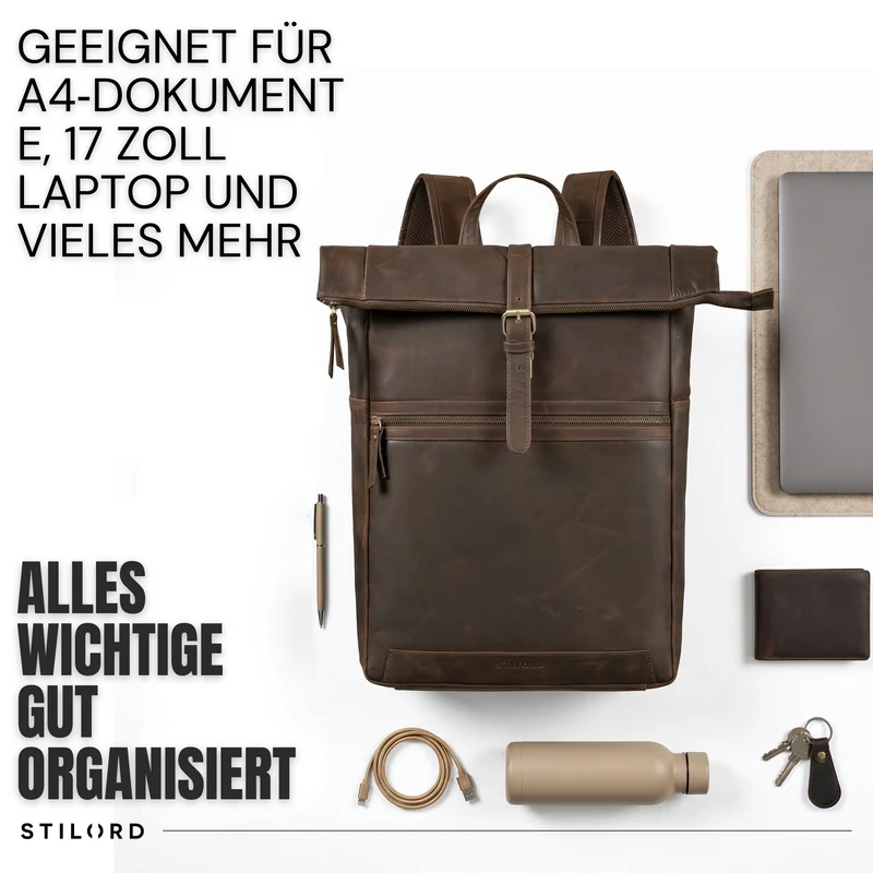 "Tacoma" Leder Rolltop Rucksack Damen Herren für 17 Zoll Laptop