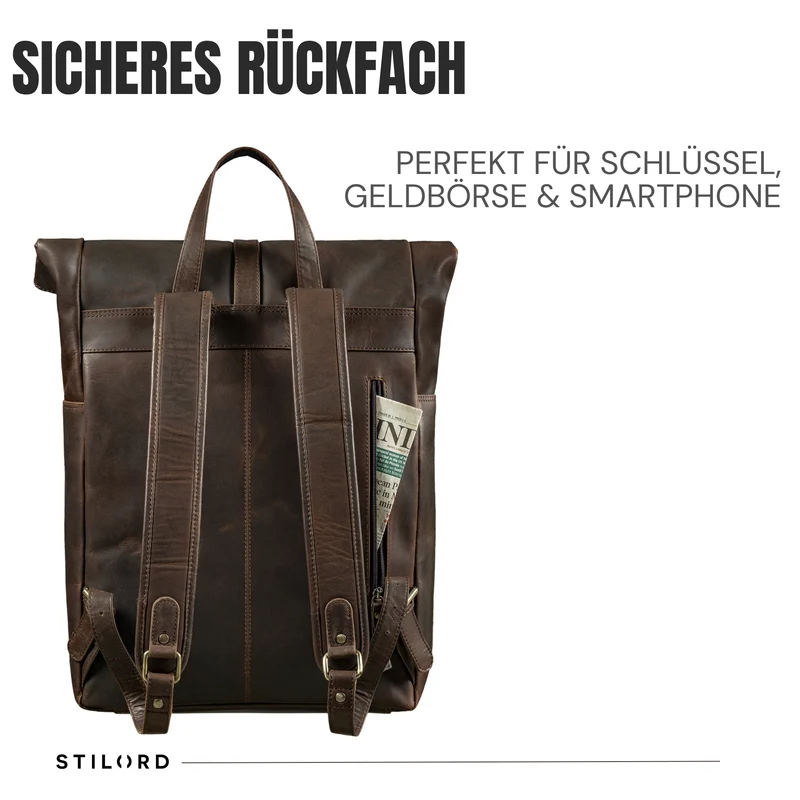 "Tacoma" Leder Rolltop Rucksack Damen Herren für 17 Zoll Laptop