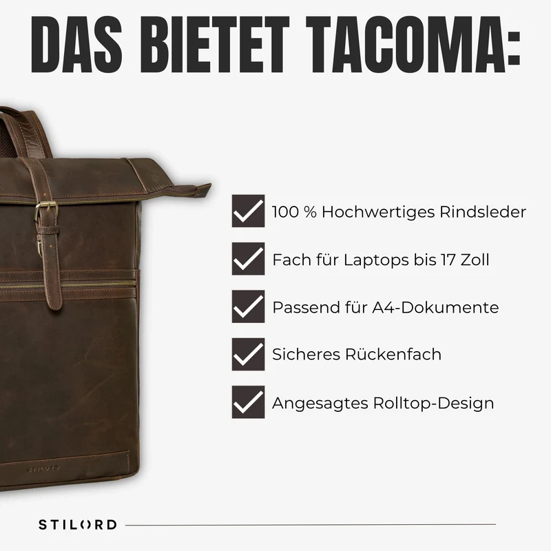 "Tacoma" Leder Rolltop Rucksack Damen Herren für 17 Zoll Laptop